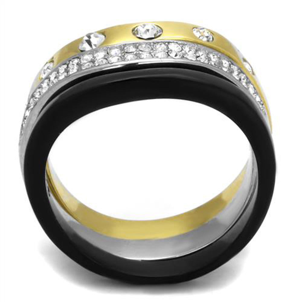 ARTK2299 Stainless Steel Silver Black & Gold Ion Plated Crystal Fashion Ring Women's 5-10